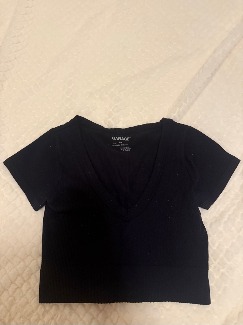 Garage Black Ribbed V-Neck Short Sleeve Crop Top